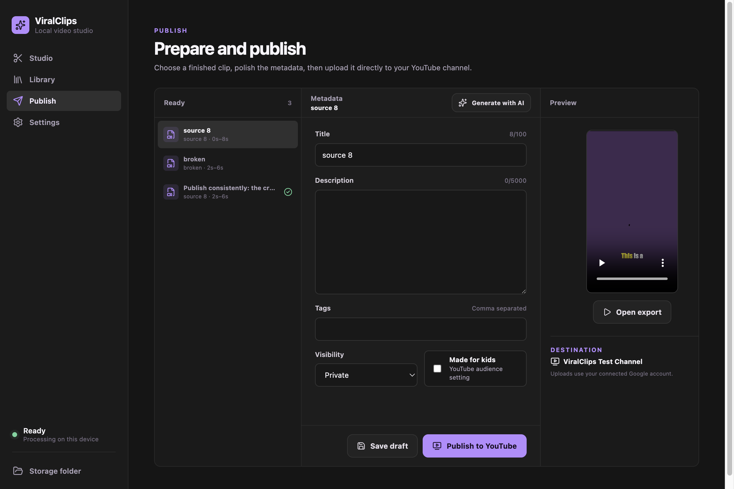 ViralClips Publish workspace for editing metadata and uploading a finished Short