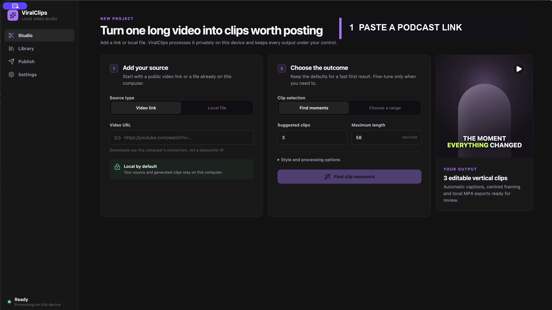 ViralClips desktop app showing local video clip creation controls